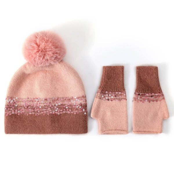 PEACH ACCESSORIES - Two Tones Hat and Gloves Matching Set in Black/Brown: Green