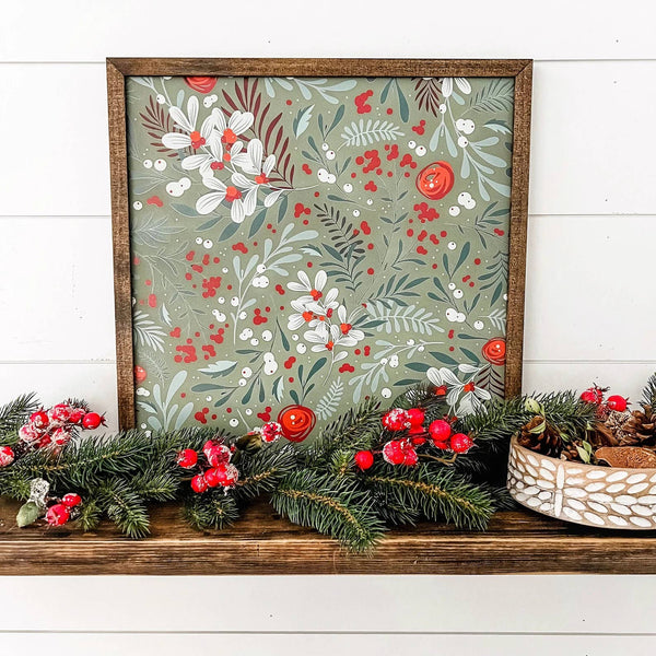 WillowBee Signs & Designs - Christmas Winter Berry Layering Sign: Green Background, 18x18 Inches