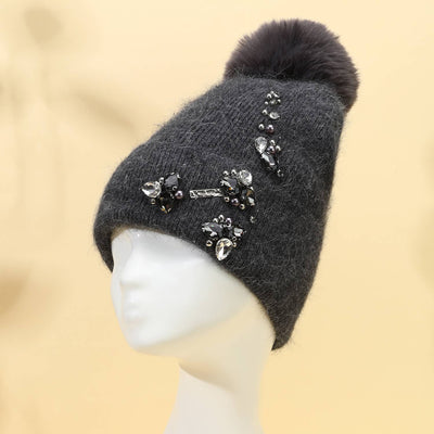 PEACH ACCESSORIES - Elegant Pompom Hat with Sparkling Jewels SD001: Silver