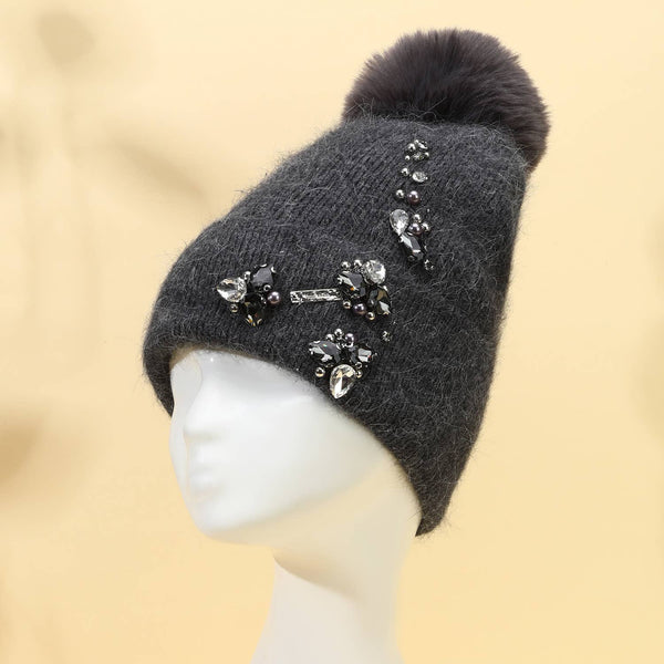 PEACH ACCESSORIES - Elegant Pompom Hat with Sparkling Jewels SD001: Silver