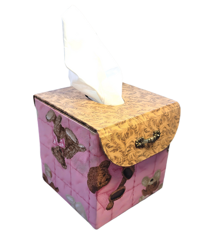 Chic Brico - Fabric Covered Tissue Box Holder, Kid's Room Decor, Pink and Brown Teddy Bears