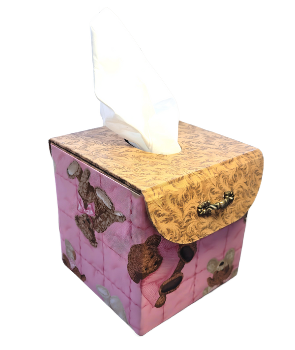 Chic Brico - Fabric Covered Tissue Box Holder, Kid's Room Decor, Pink and Brown Teddy Bears