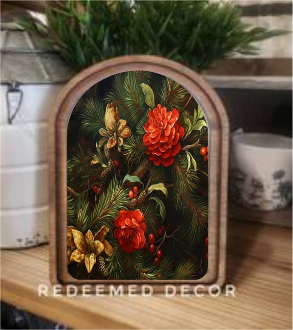 Redeemed Decor - Arch Top Christmas Dark Botanical Framed Art